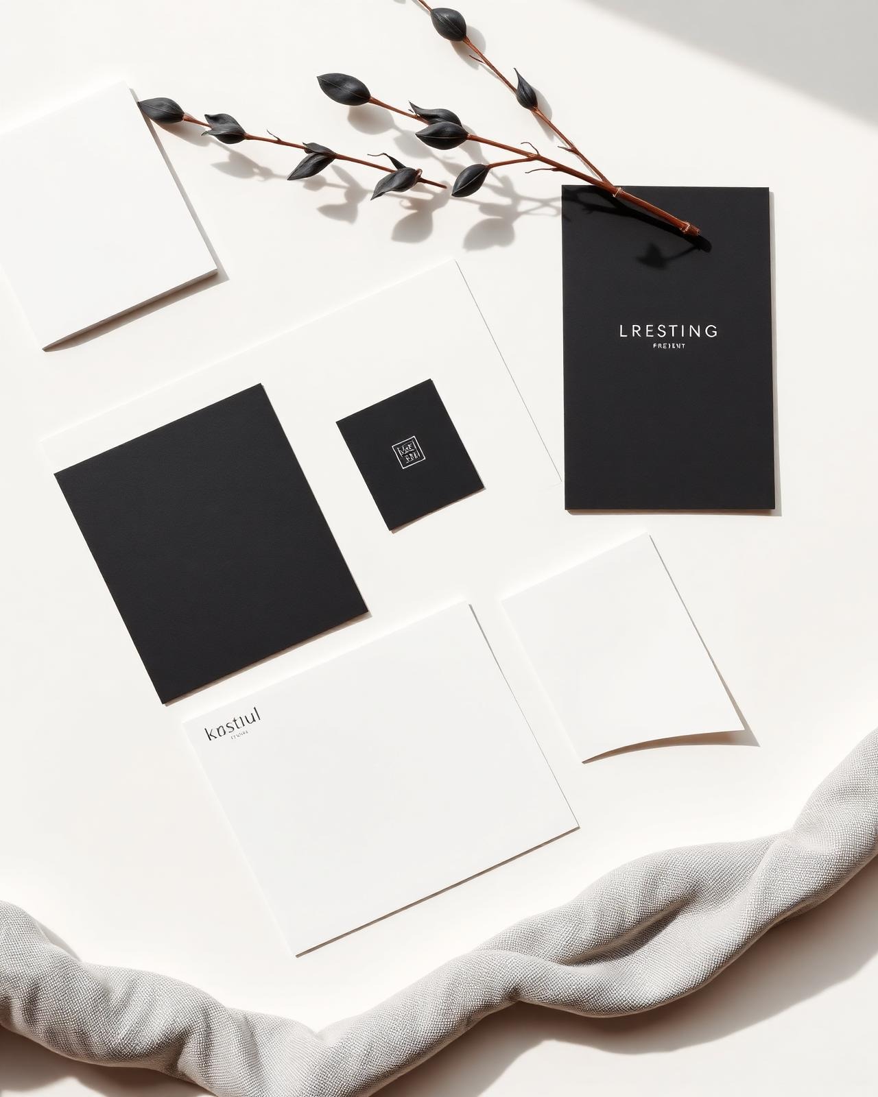 Sistema visual minimalista de branding premium con papelería editorial representando estructura, identidad y dirección estratégica de marca.