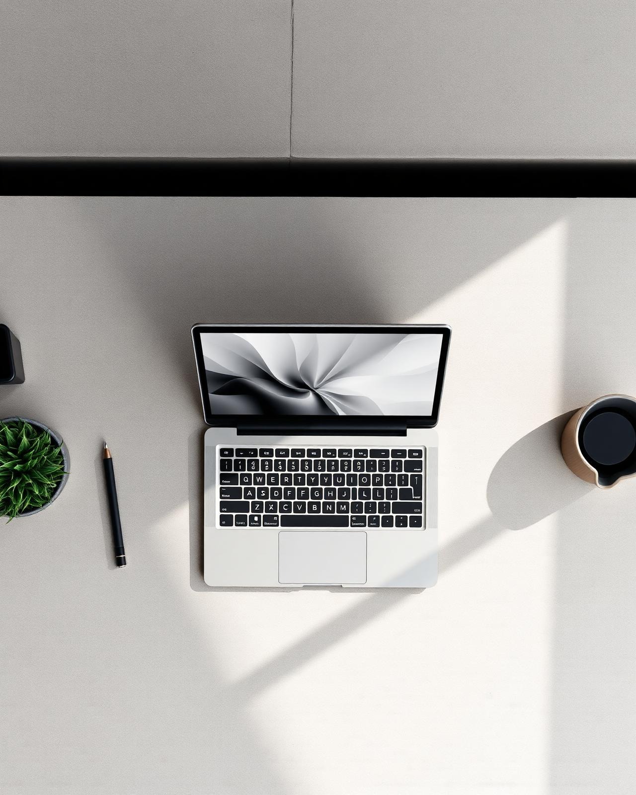 Espacio de trabajo minimalista con portátil y composición editorial representando organización, procesos estructurados y experiencia digital premium para clientes.
